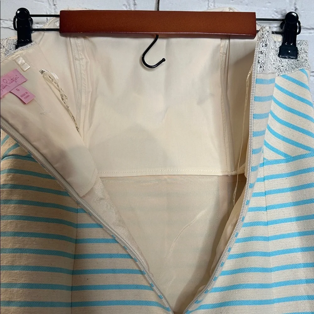 Lilly Pulitzer Blue & Ivory Striped Metallic Silver Trim Strapless Dress Size 0 - Picture 8 of 9